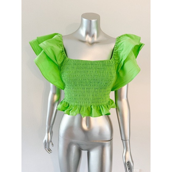 Ramy Brook Crop Top Capri Green Square Neck Yolanda Ruffle Smocked - Picture 1 of 7